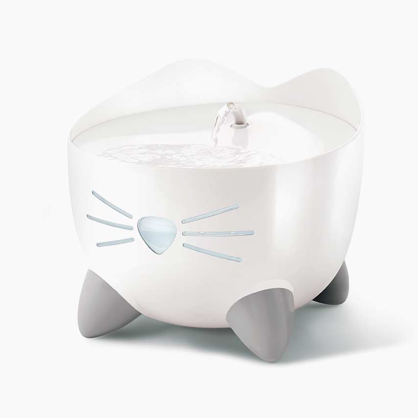 White PIXI cat water fountain with a small spout and grey feet on a white background