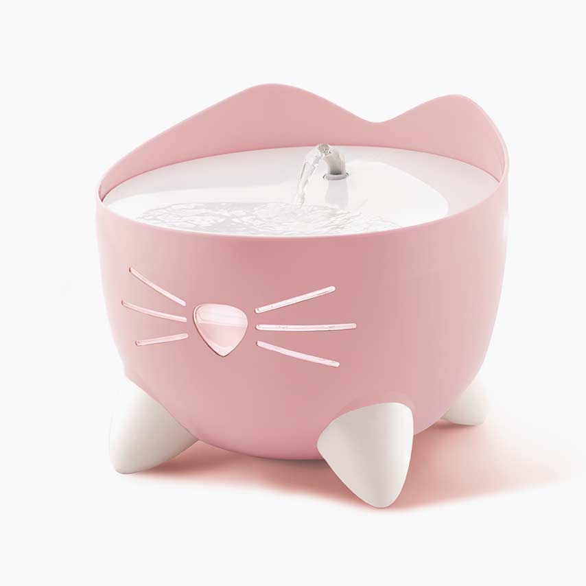Pink PIXI cat water fountain with a white top and a small water spout