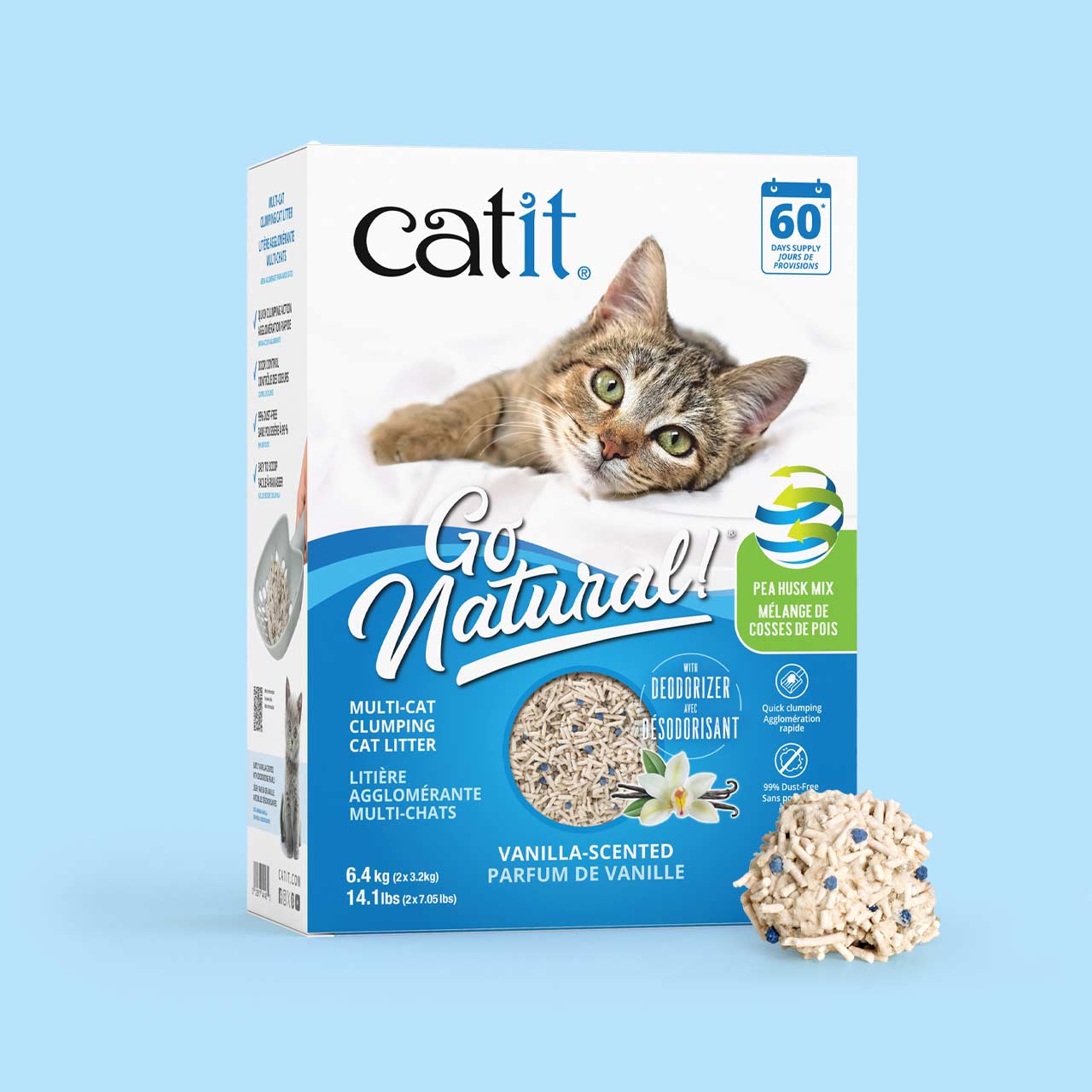 Catit Go Natural pea husk mix multi-cat clumping cat litter packaging in vanilla scent