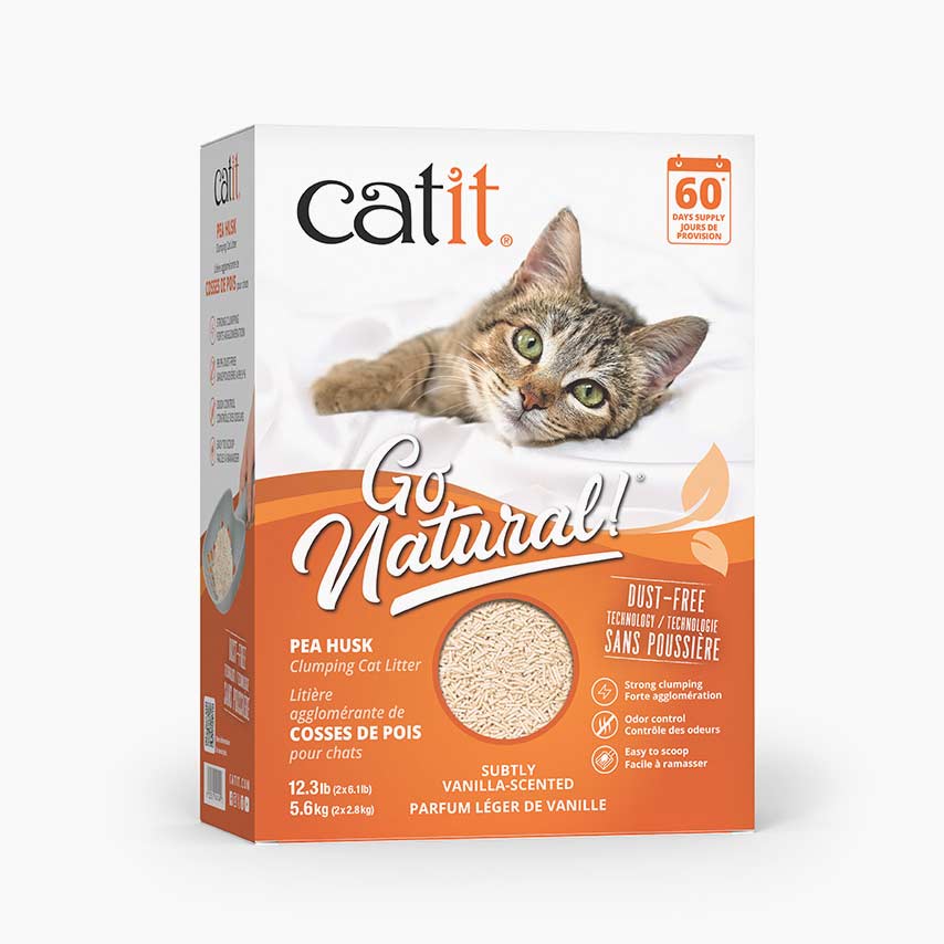 Catit Go Natural pea husk clumping cat litter packaging with vanilla scent