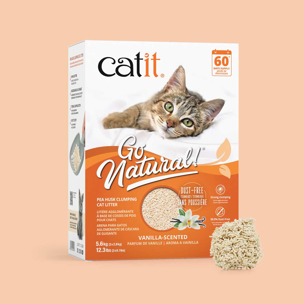 Catit Go Natural pea husk clumping cat litter in vanilla scent, 5.6kg packaging