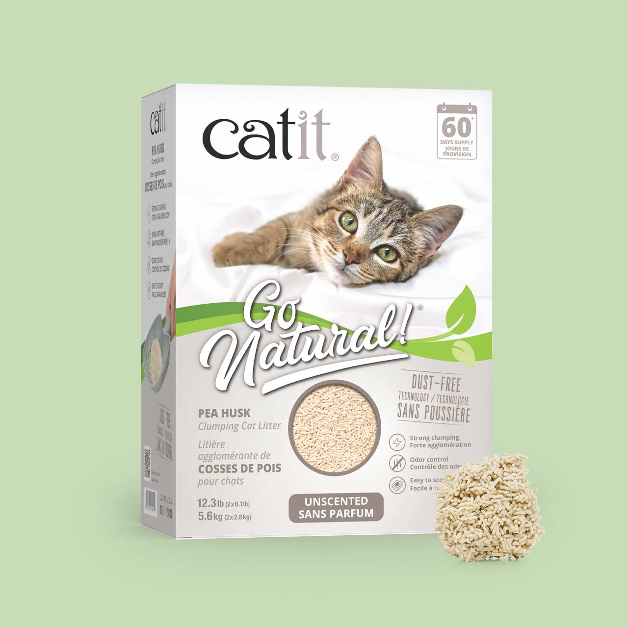 Catit Go Natural pea husk clumping cat litter packaging, unscented, 5.6kg