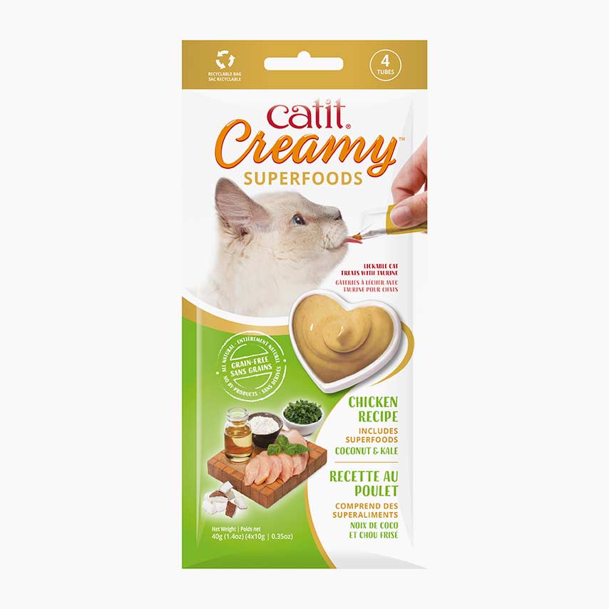 Catit Creamy Superfoods chicken recipe lickable cat treat packaging with coconut and kale