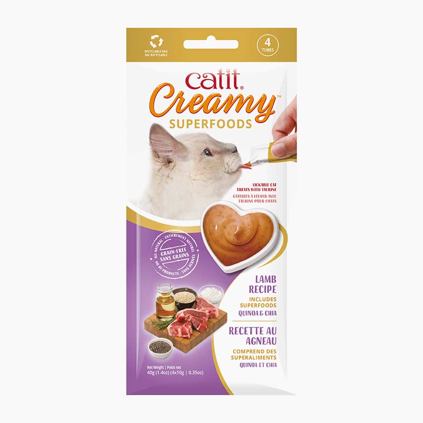 Catit Creamy Superfoods Lamb Recipe lickable cat treat packaging with quinoa and chia