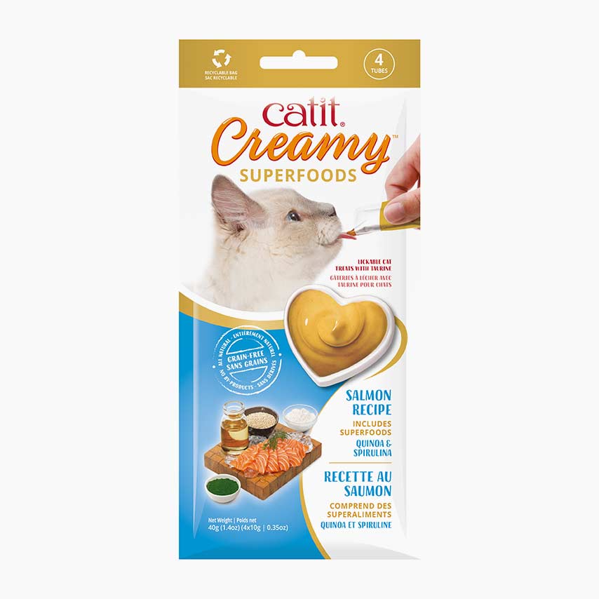 Catit Creamy Superfoods salmon recipe lickable cat treat packaging with quinoa and spirulina