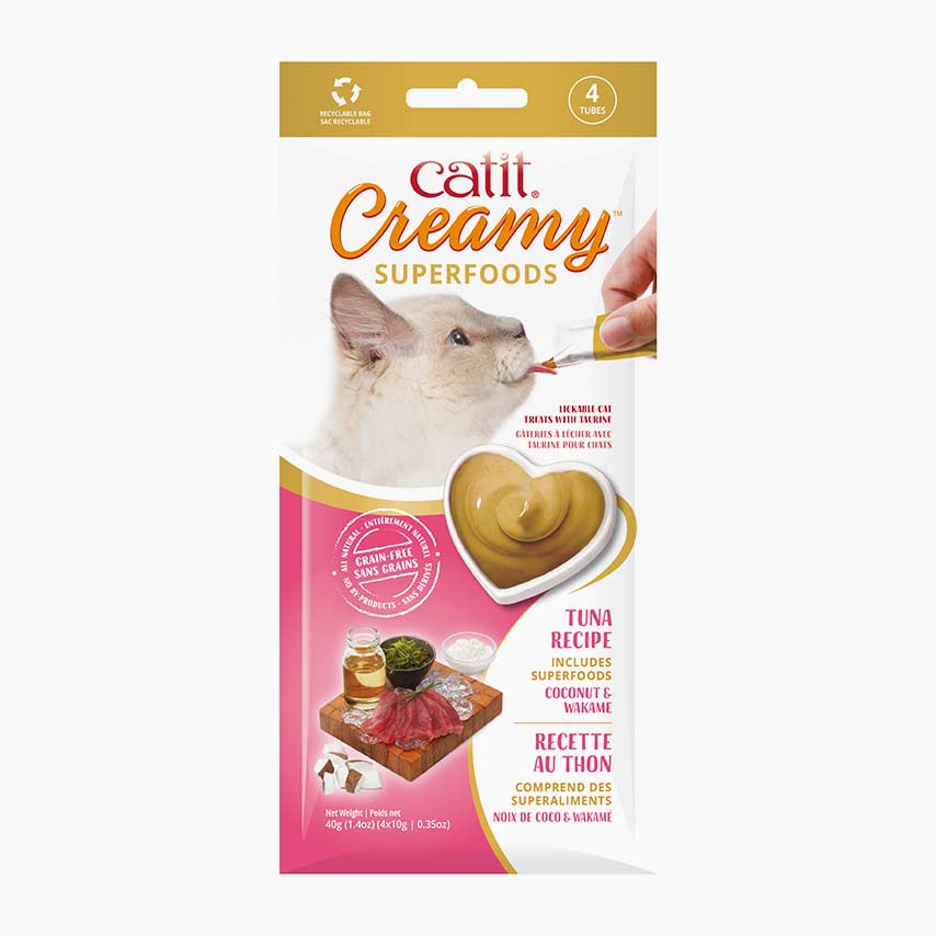 Catit Creamy Superfoods tuna recipe cat treat packaging containing four 10g tubes