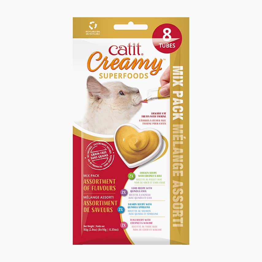 Catit Creamy Superfoods lickable cat treat mix pack containing 8 tubes in four different flavors