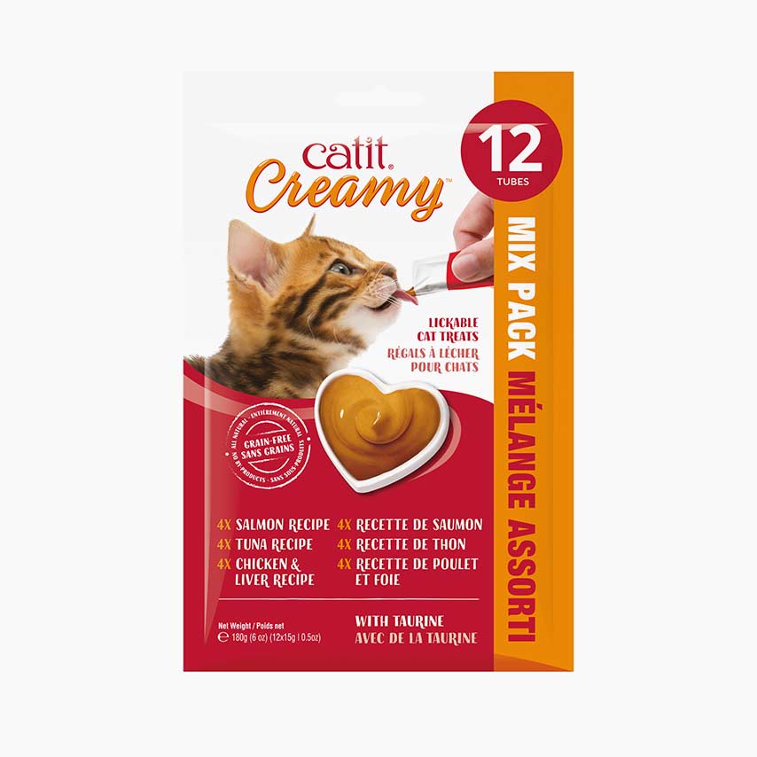 Catit Creamy lickable cat treat mix pack containing 12 tubes of salmon, tuna, and chicken and liver recipes