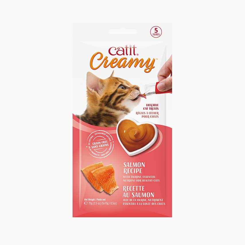Catit Creamy Salmon Recipe lickable cat treat packaging containing 5 tubes