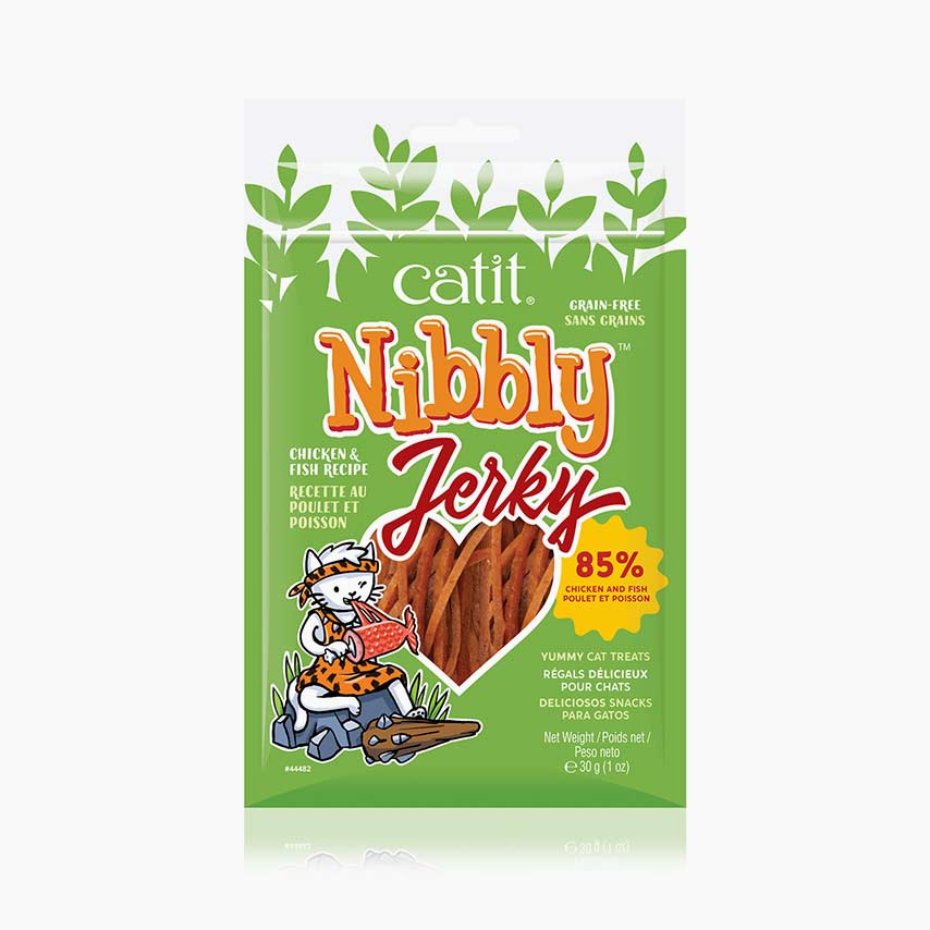 Catit Nibbly Jerky chicken and fish cat treats packaging