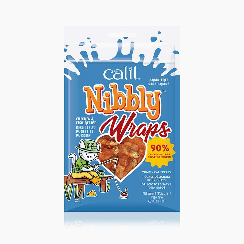 Catit Nibbly Wraps chicken and fish cat treat packaging