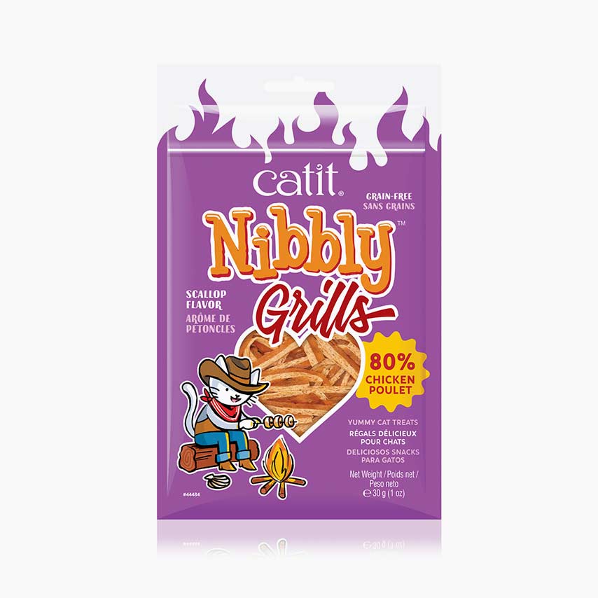 Catit Nibbly Grills scallop-flavored cat treats packaging containing 80% chicken