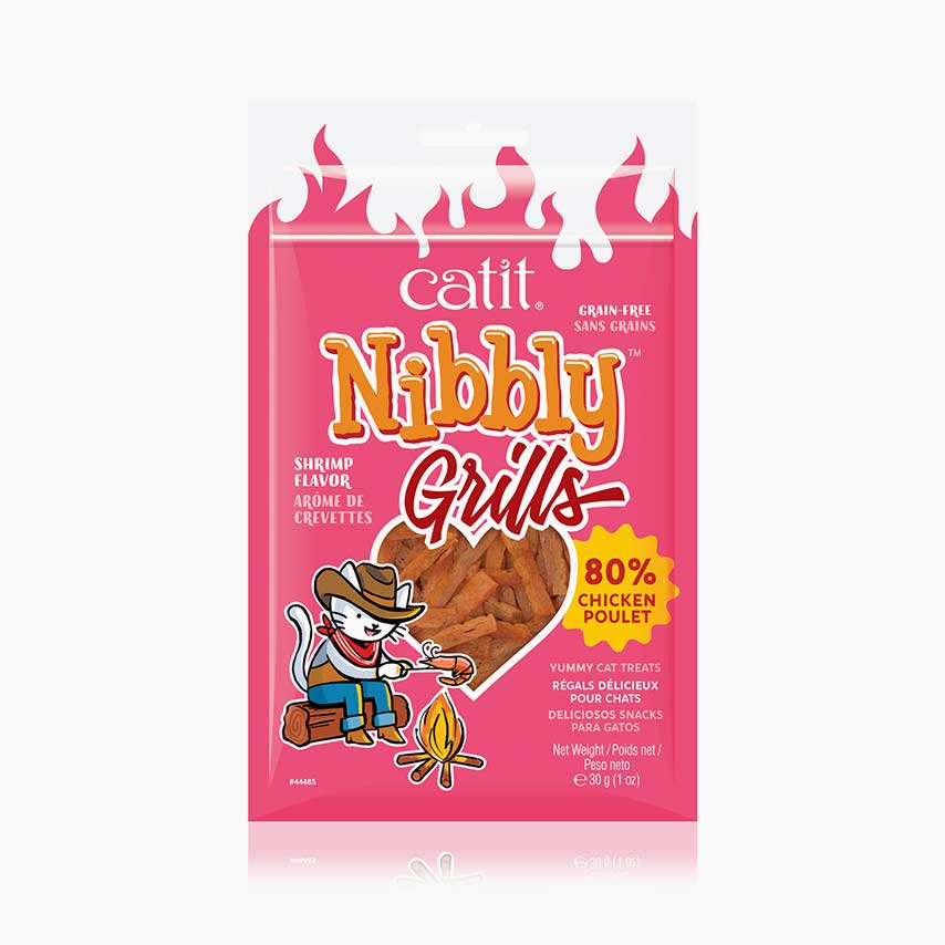 Catit Nibbly Grills shrimp flavor cat treats packaging with 80% chicken content
