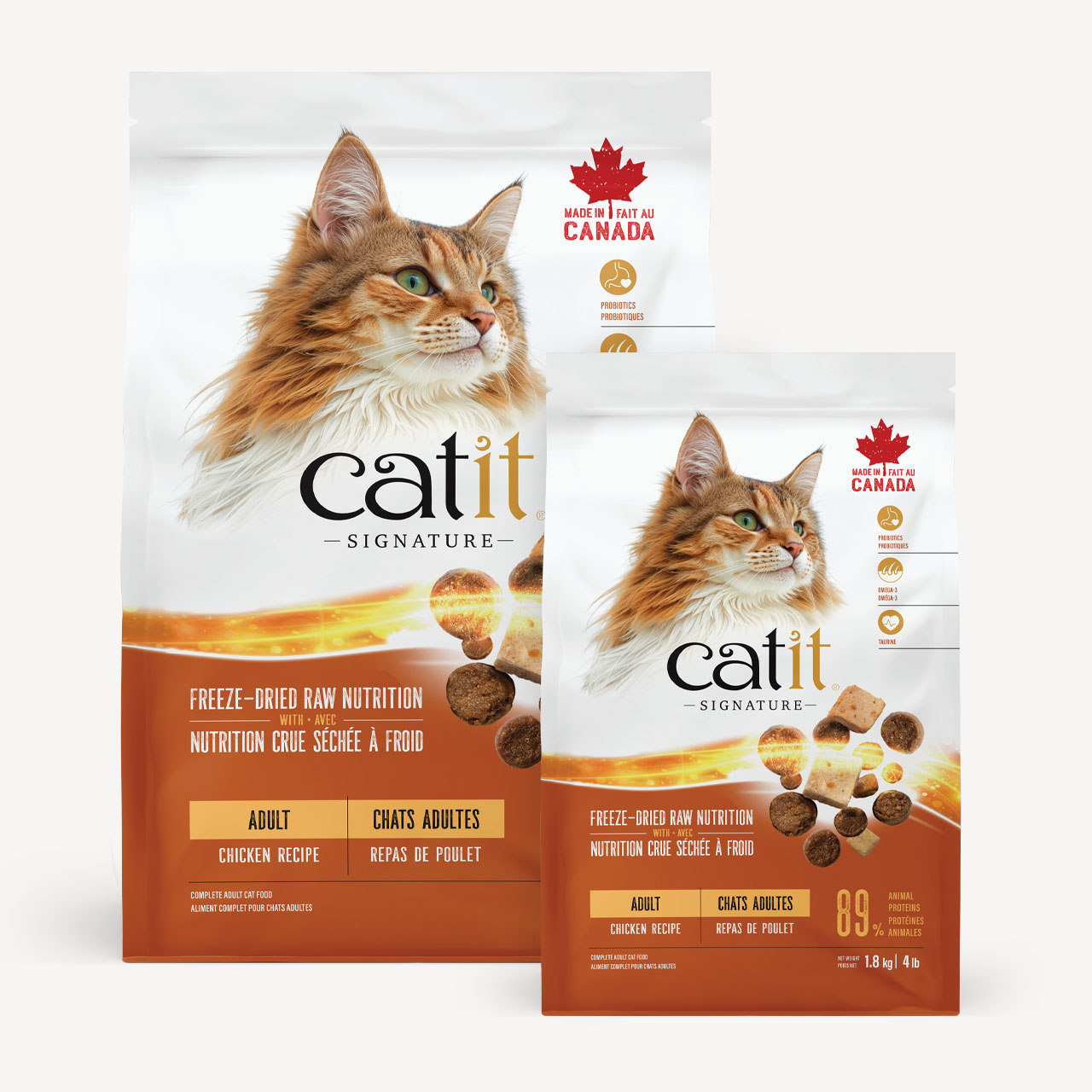 Two bags of Catit Signature freeze-dried raw chicken recipe adult cat food packaging
