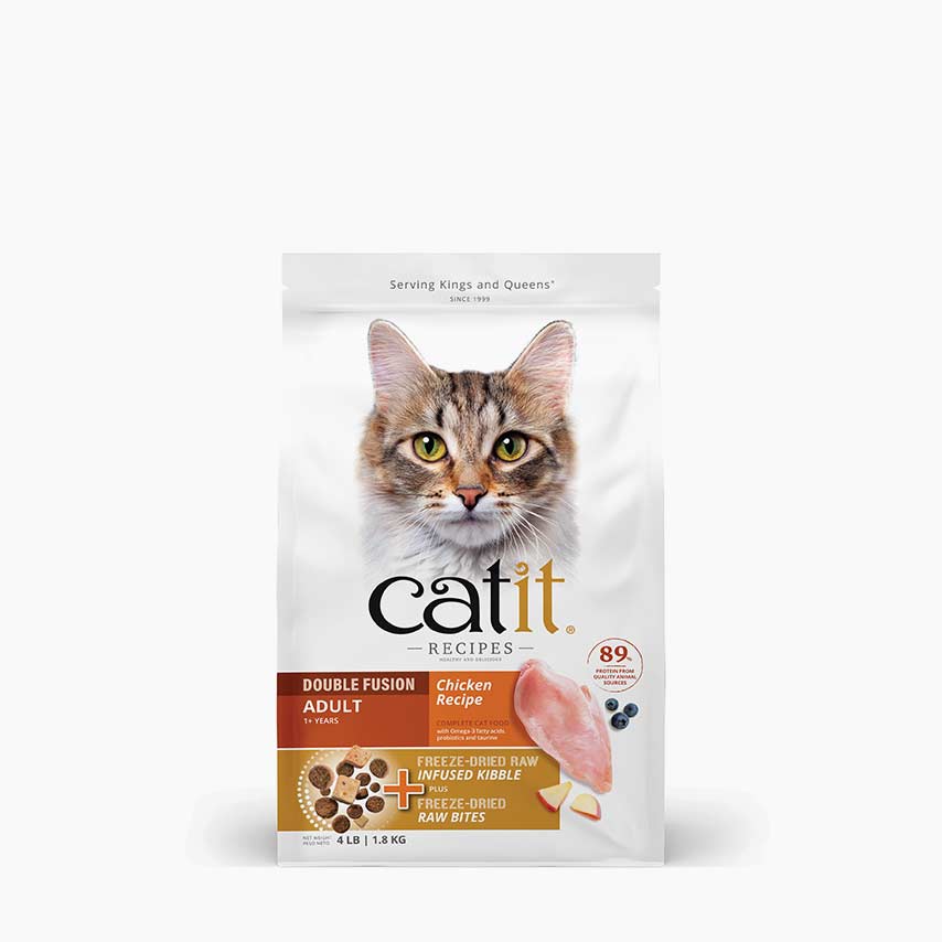 Catit Recipes Double Fusion adult cat food packaging with chicken recipe, freeze-dried raw infused kibble, and raw bites