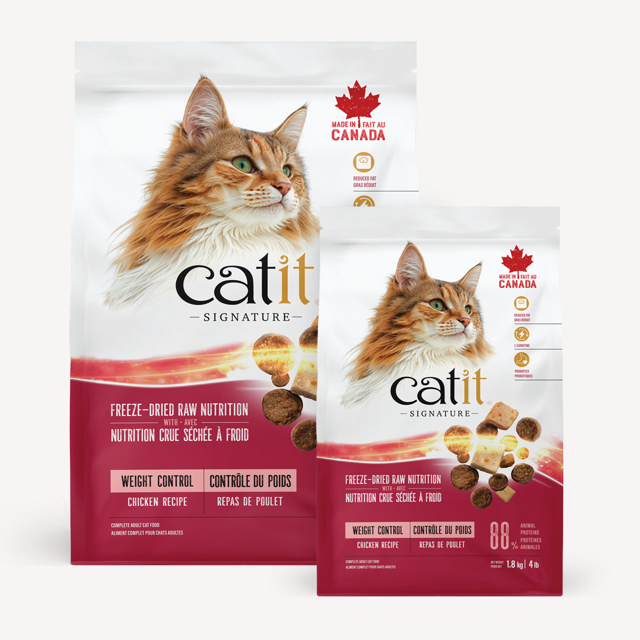 Two bags of Catit Signature Weight Control Chicken Recipe freeze-dried raw cat food packaging
