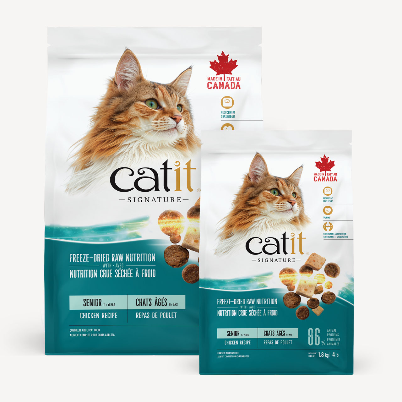 Two bags of Catit Signature Senior Chicken Recipe freeze-dried raw cat food packaging