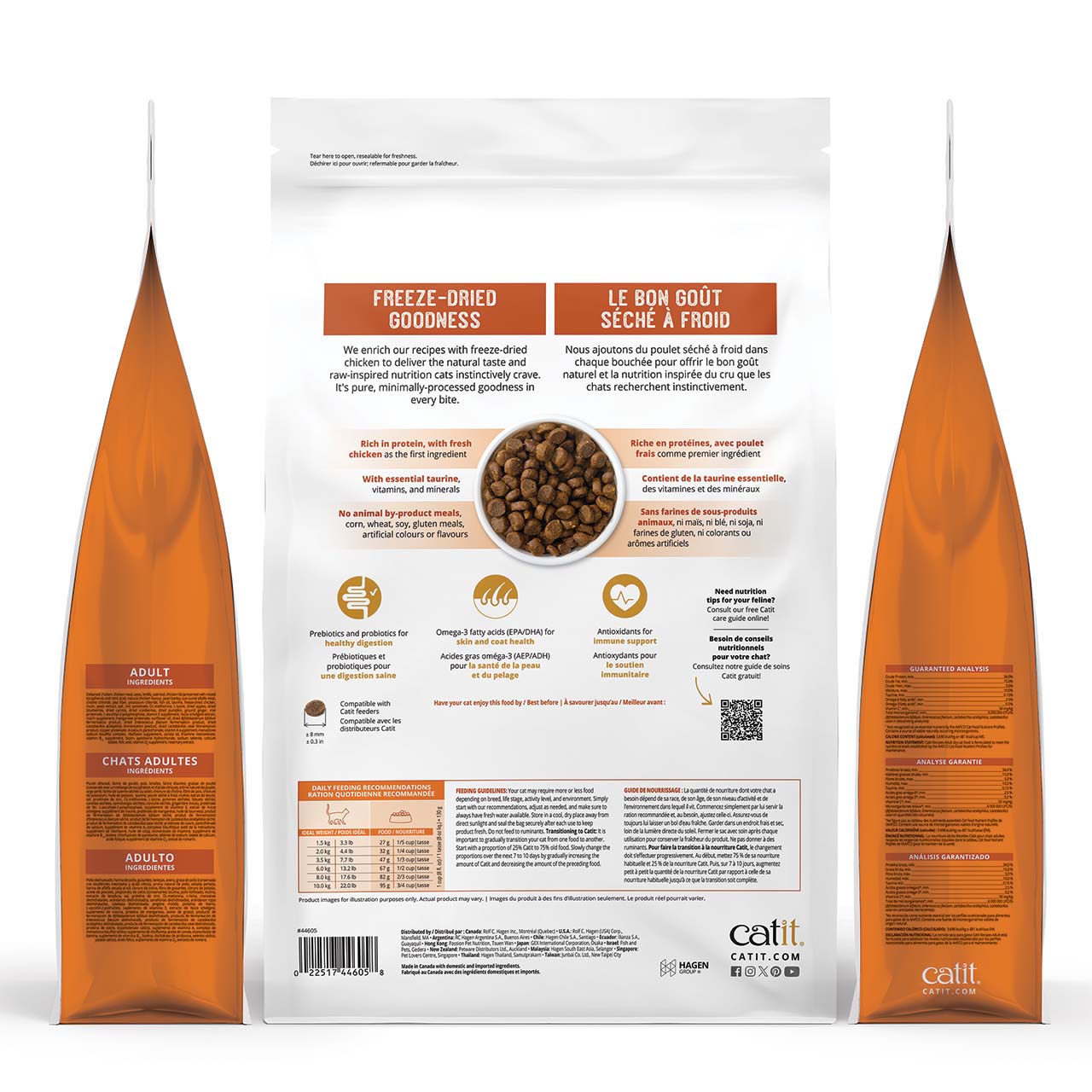 Catit freeze-dried adult chicken cat food packaging showing ingredients, feeding guidelines, and nutritional information