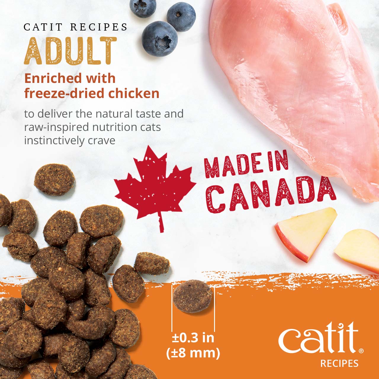 Catit Adult cat food recipe enriched with freeze-dried chicken, made in Canada, with a kibble size of 8 millimeters