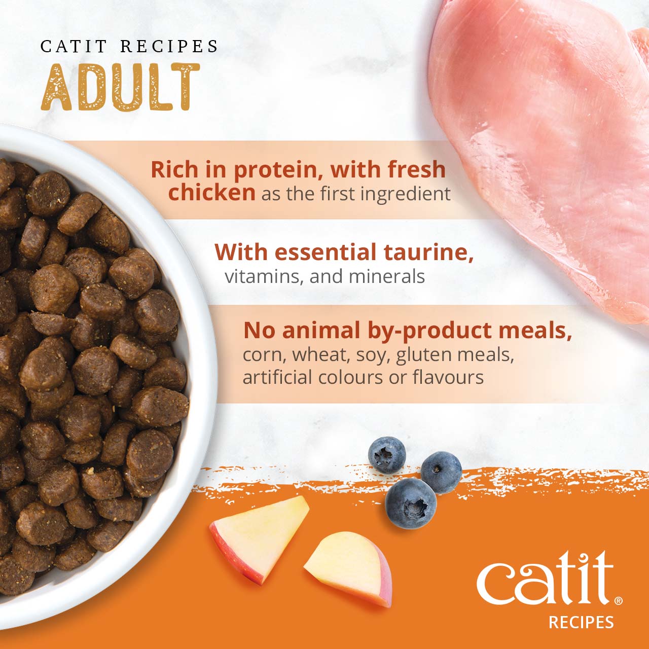 Catit Adult cat food features fresh chicken, essential taurine, vitamins, and minerals without by-products or fillers