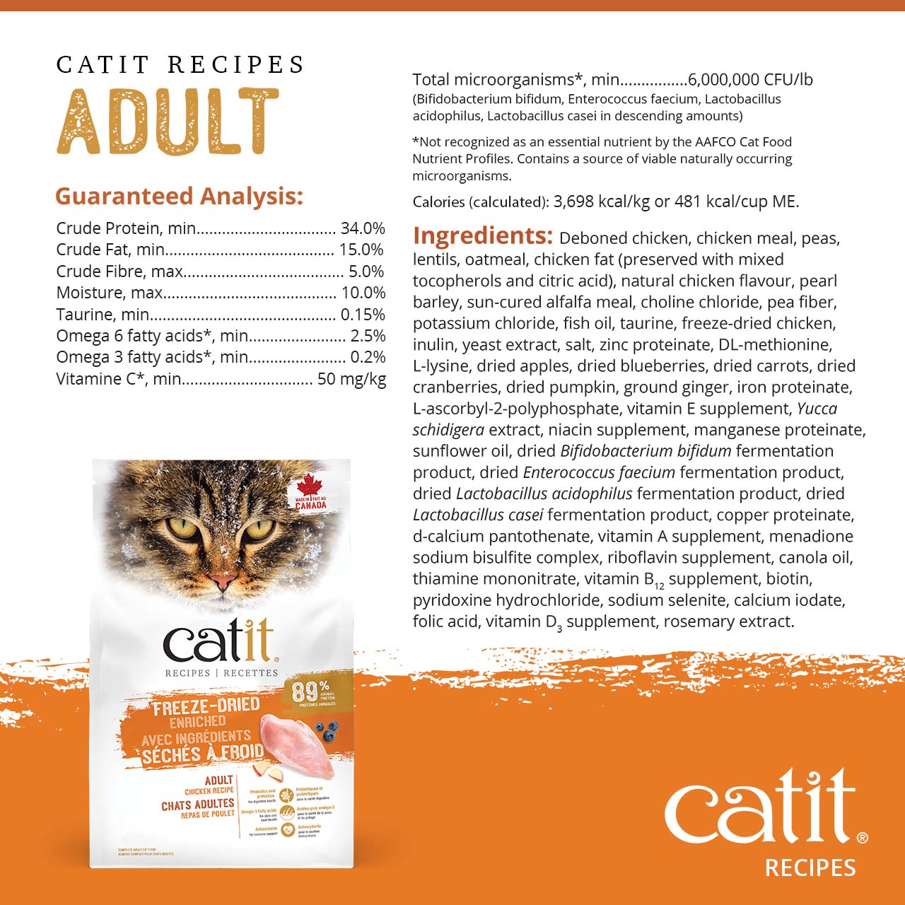 Nutritional information, guaranteed analysis, and ingredient list for Catit Adult Chicken Recipe dry cat food packaging