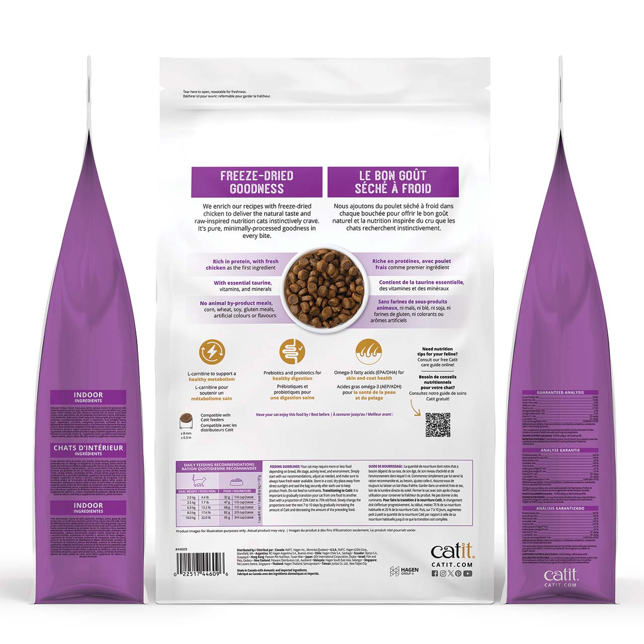 Catit Indoor Chicken recipe freeze-dried cat food packaging showing ingredients, nutritional benefits, and feeding guide