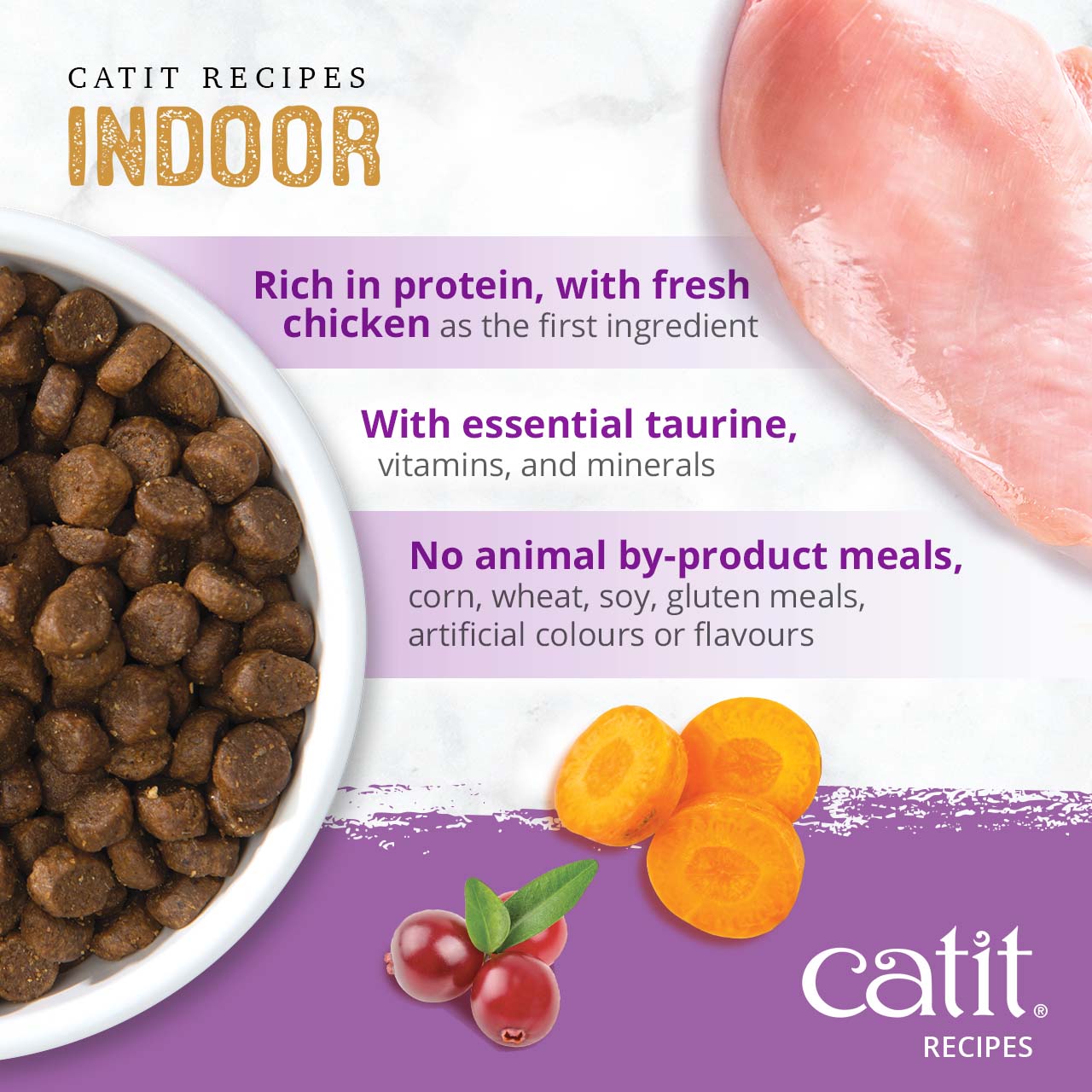 Catit Indoor cat food features fresh chicken, essential taurine, vitamins, and minerals without by-products or fillers