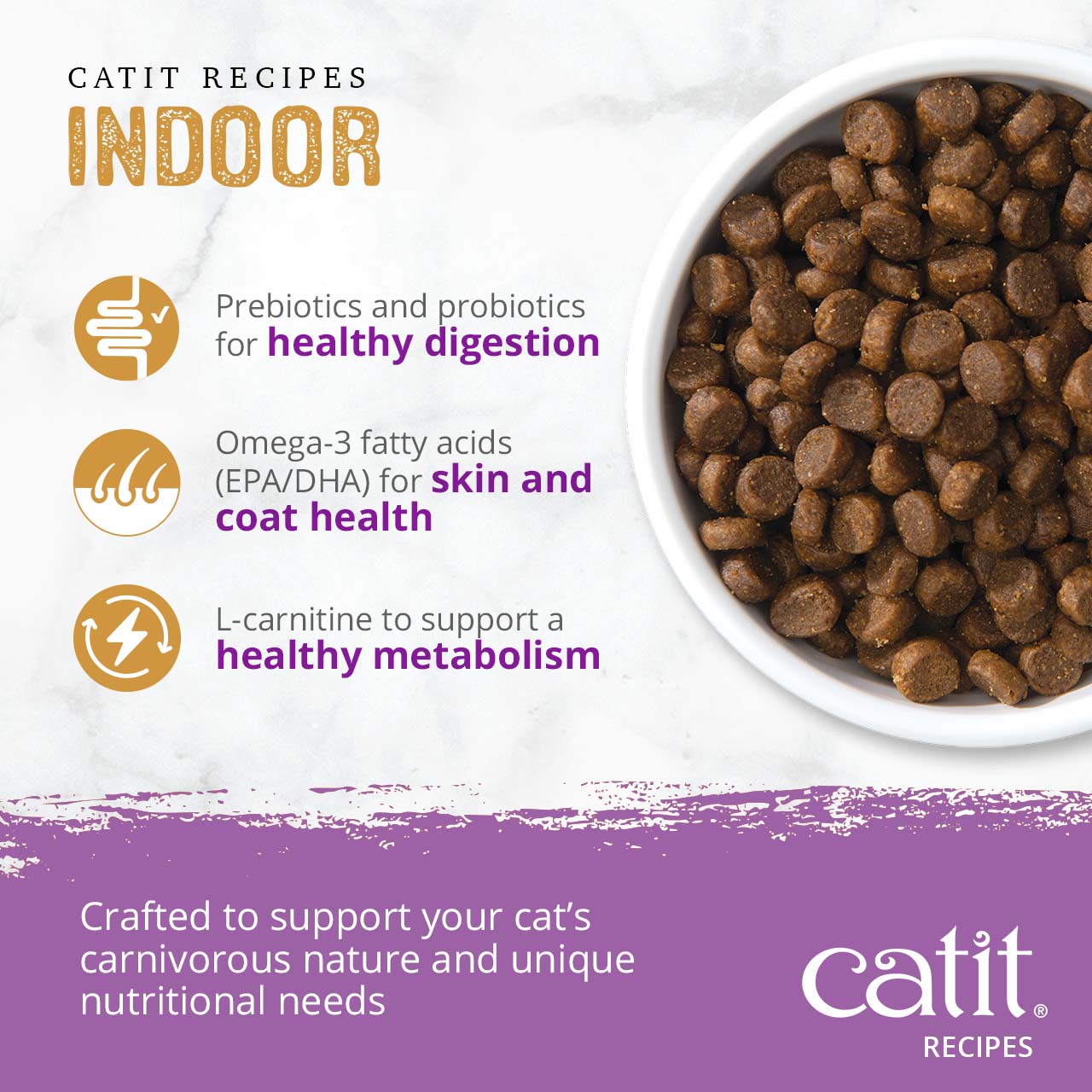 Catit Indoor cat food features prebiotics and probiotics for digestion, omega-3 fatty acids for skin and coat, and L-carnitine for metabolism support