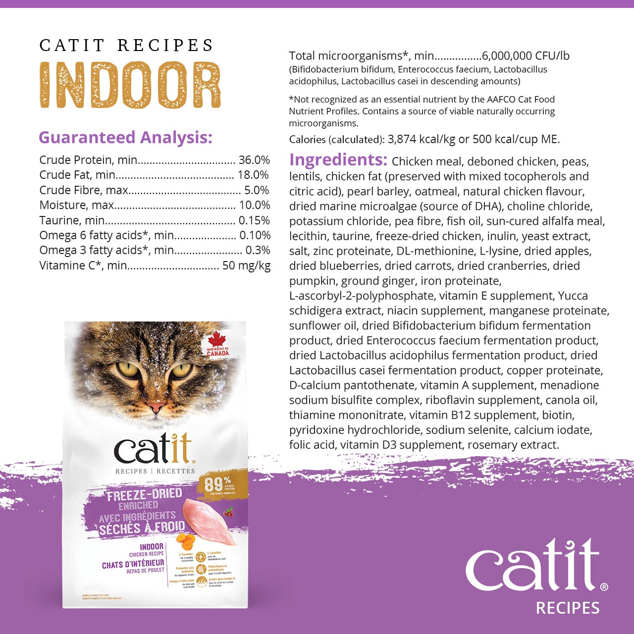 Catit Recipes Indoor dry cat food packaging, featuring guaranteed analysis, ingredient list, and nutritional information