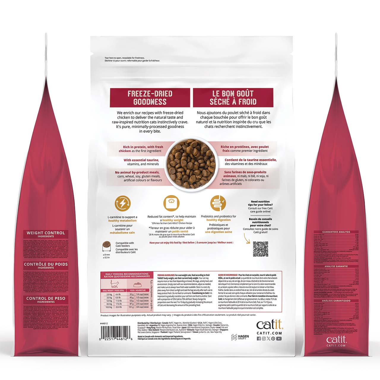 Catit Weight Control freeze-dried chicken cat food packaging showing ingredients, nutritional analysis, and feeding guide