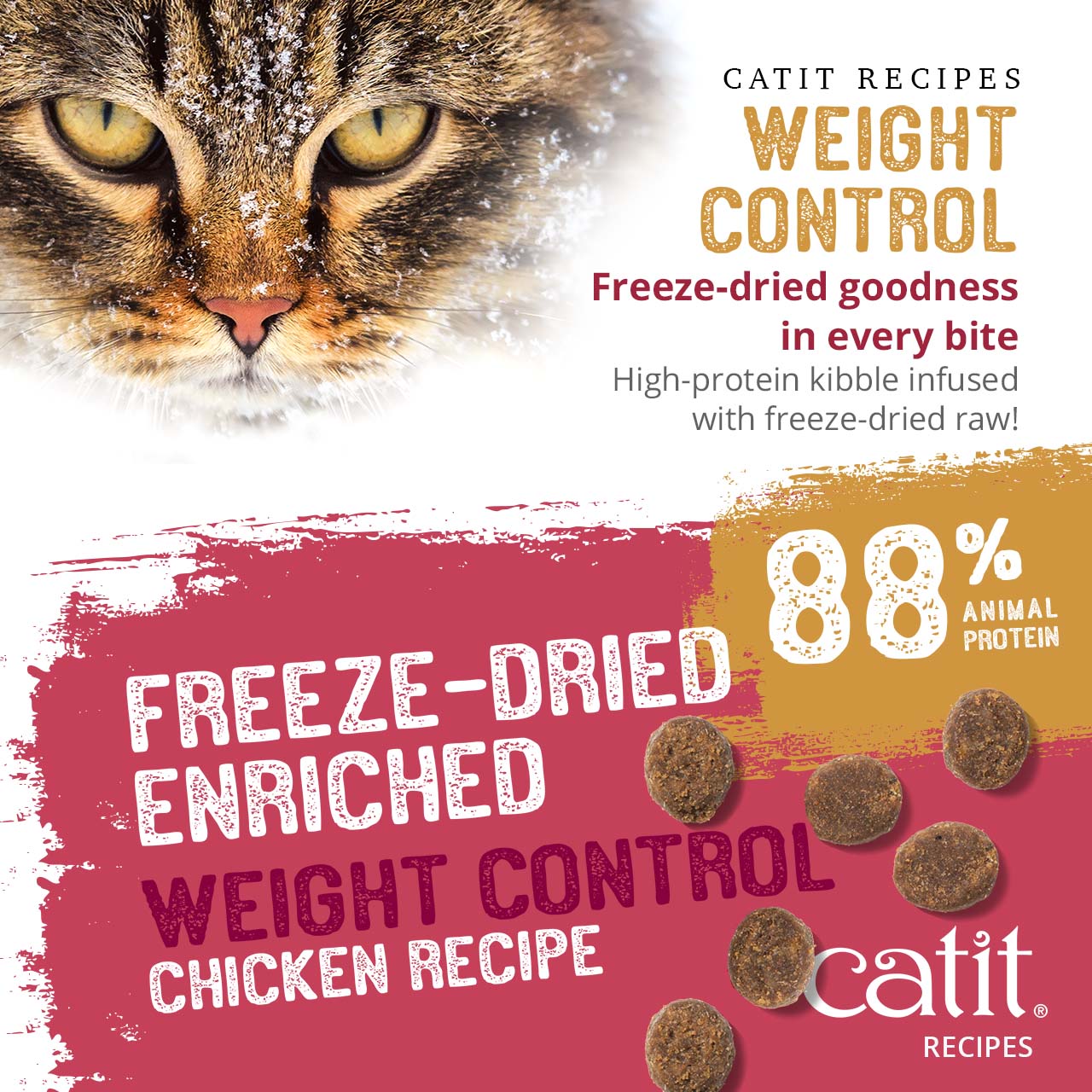 Catit Recipes Weight Control chicken cat food with 88% animal protein and freeze-dried raw ingredients