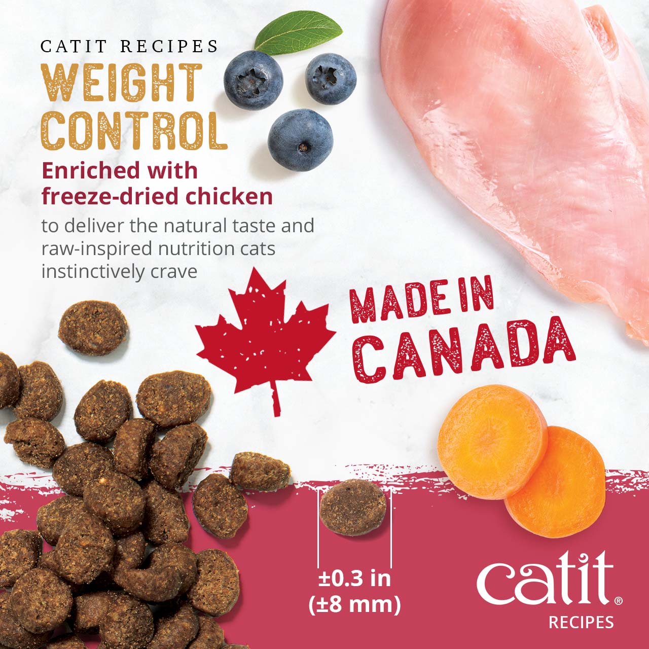 Catit Recipes Weight Control cat food, enriched with freeze-dried chicken and made in Canada