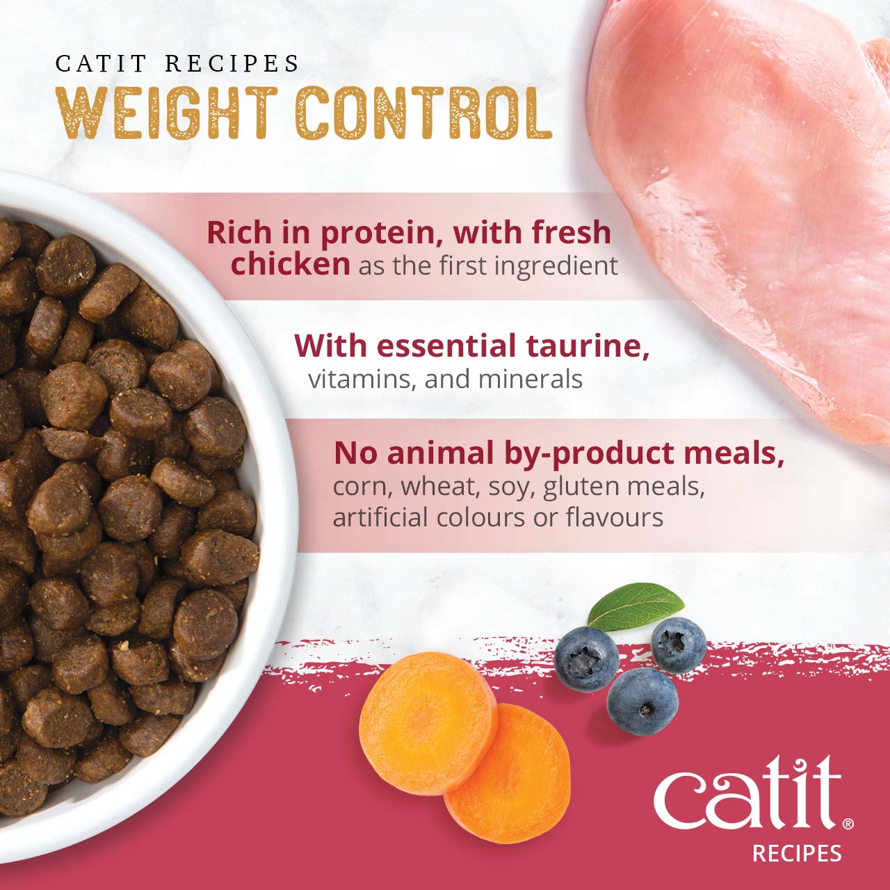 Catit Weight Control cat food features fresh chicken, essential taurine, vitamins, and no fillers or artificial additives