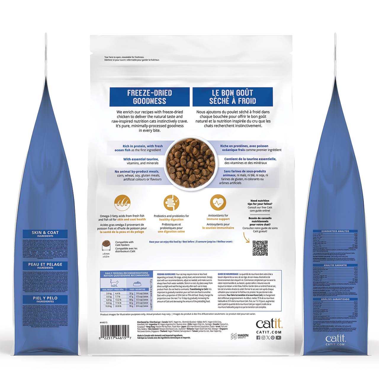 Catit freeze-dried cat food packaging showing ingredients, nutritional analysis, and feeding guidelines