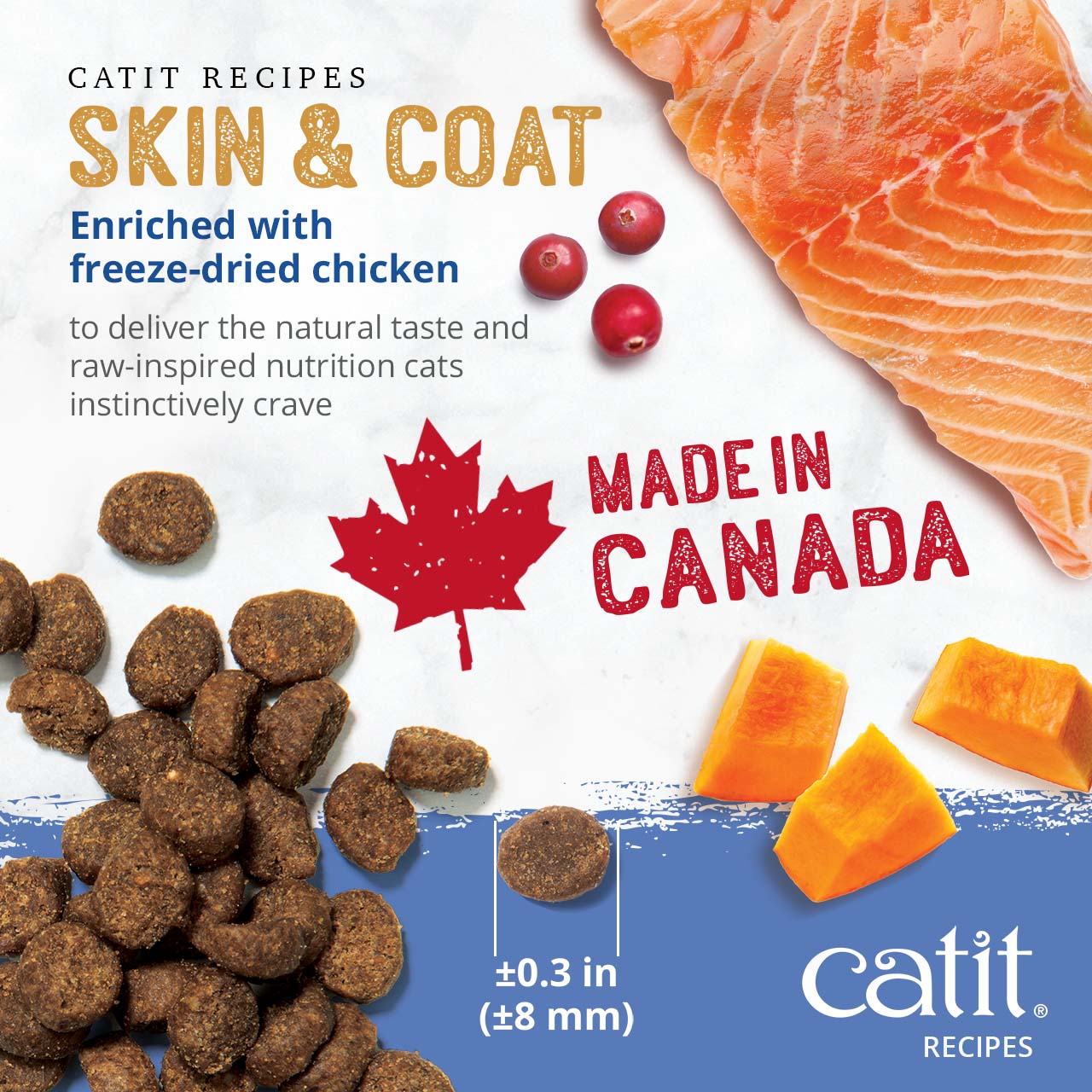 Catit Recipes Skin & Coat cat food, enriched with freeze-dried chicken, made in Canada