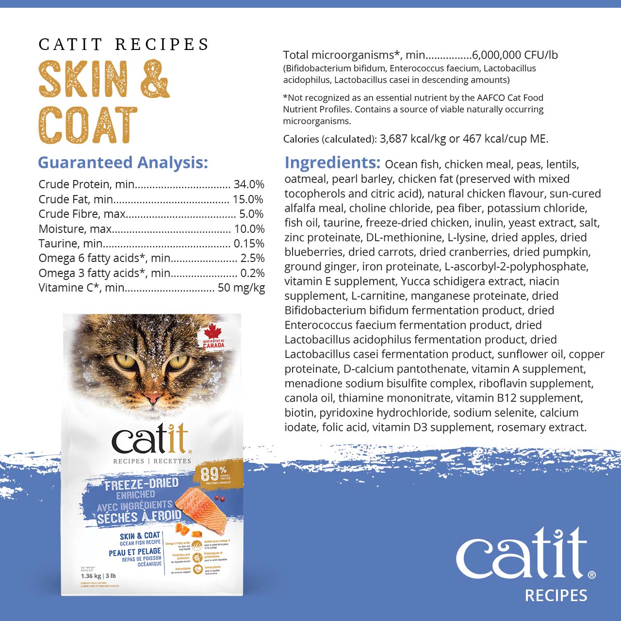 Catit Recipes Skin & Coat Ocean Fish dry cat food packaging, including guaranteed analysis and ingredient list