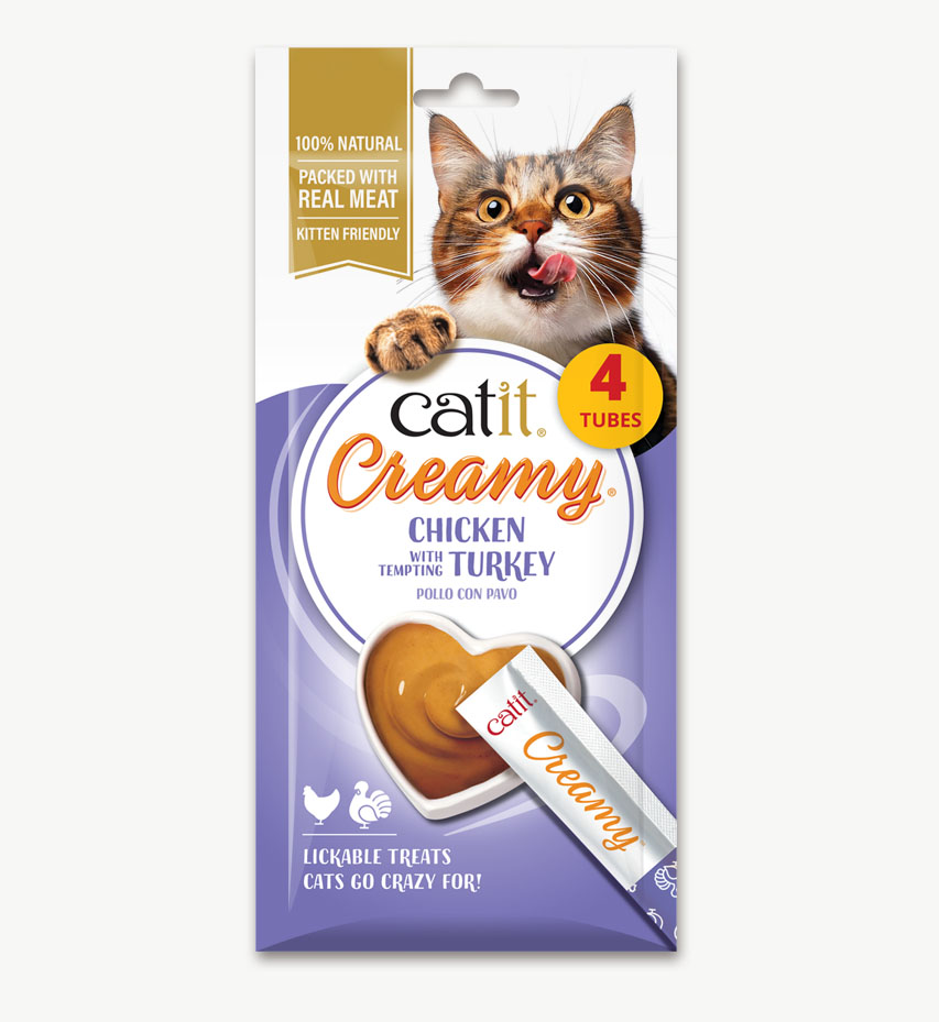 Catit Creamy lickable cat treats in chicken and turkey flavor, containing four tubes