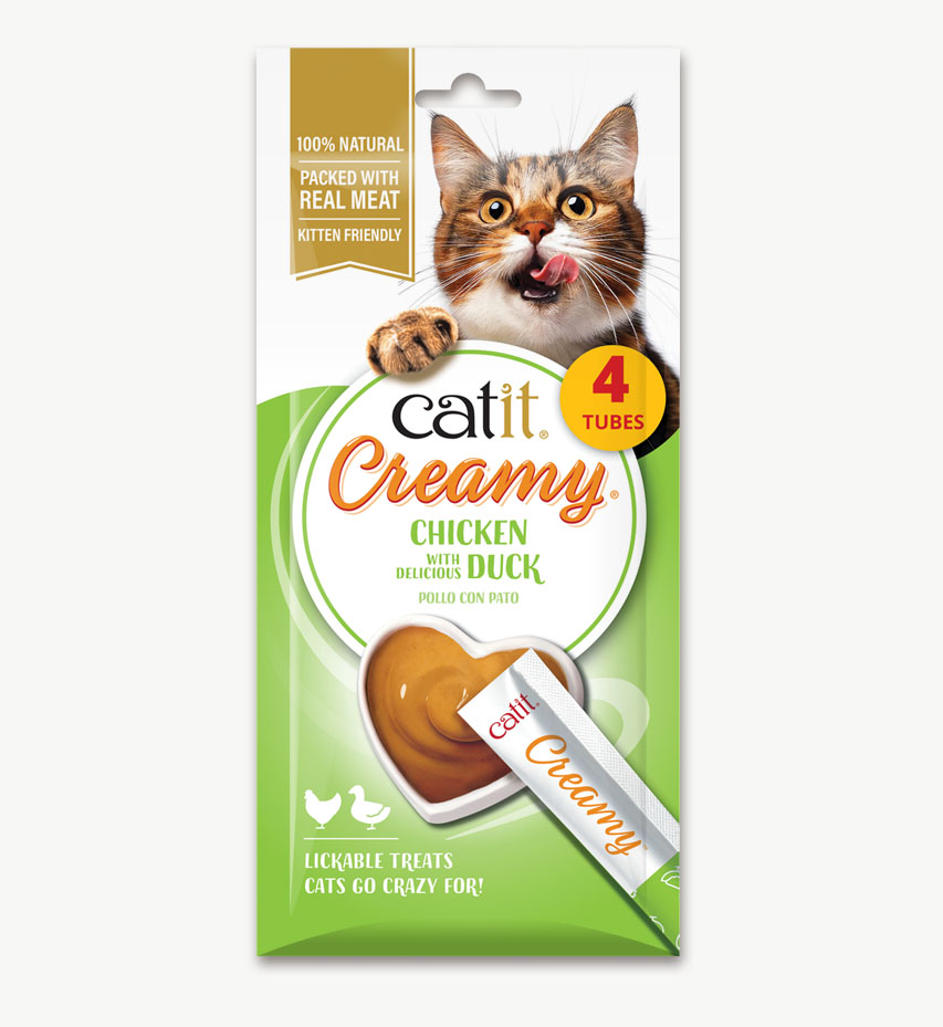 Packaging for Catit Creamy lickable cat treats in chicken and duck flavor, containing four tubes