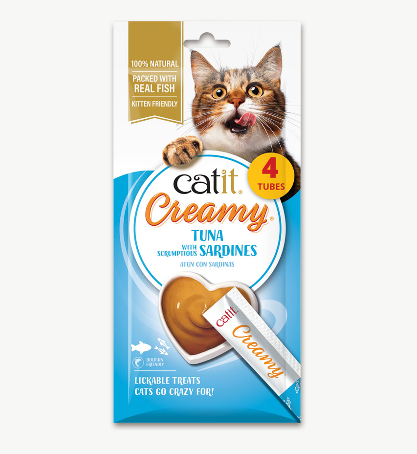 Catit Creamy lickable cat treats in tuna with sardines flavor, containing four tubes