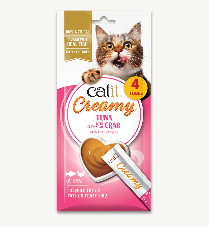 Catit Creamy lickable cat treats in tuna and crab flavor, containing four tubes of natural, kitten-friendly cat snacks