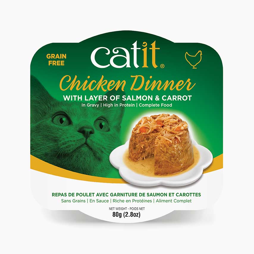 Catit Chicken Dinner with salmon and carrot cat food packaging