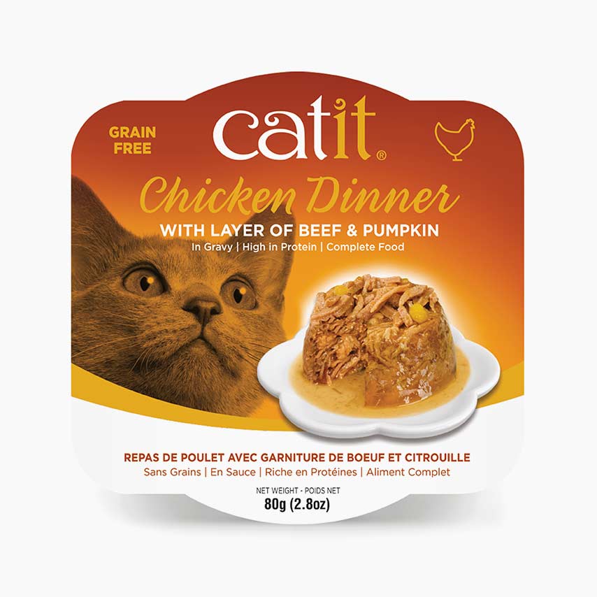 Catit Chicken Dinner wet cat food packaging with beef and pumpkin in gravy