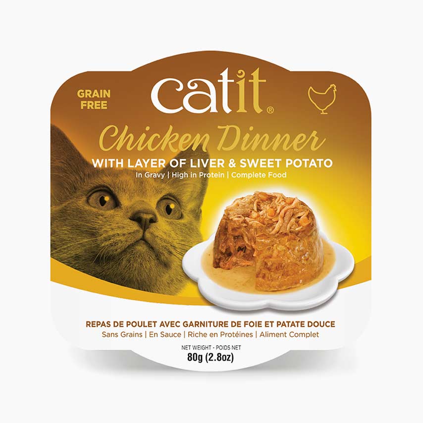 Catit Chicken Dinner wet cat food packaging with liver and sweet potato in gravy