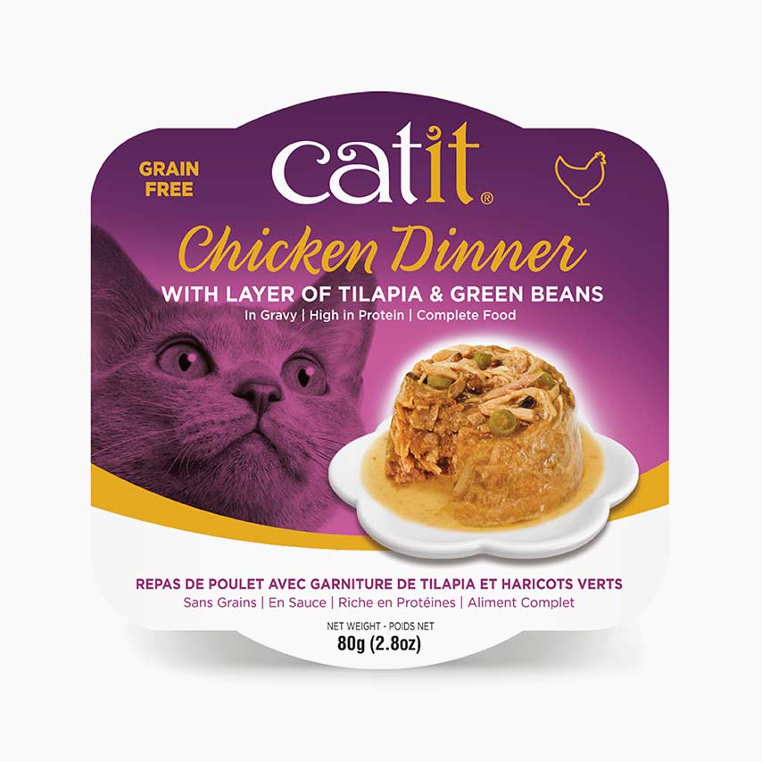Catit Chicken Dinner wet cat food packaging with tilapia and green beans