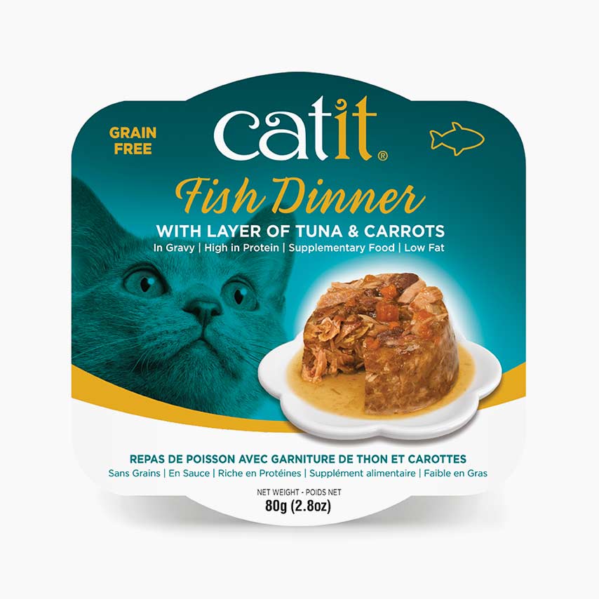Catit Fish Dinner with tuna and carrots cat food packaging
