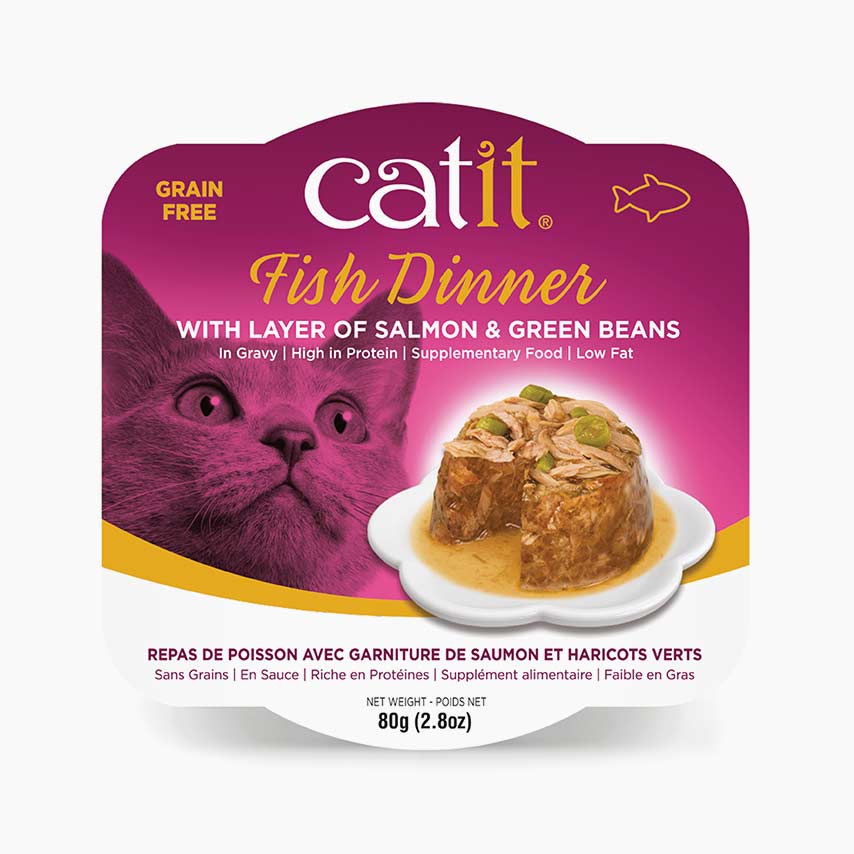 Catit Fish Dinner cat food packaging with salmon and green beans in gravy