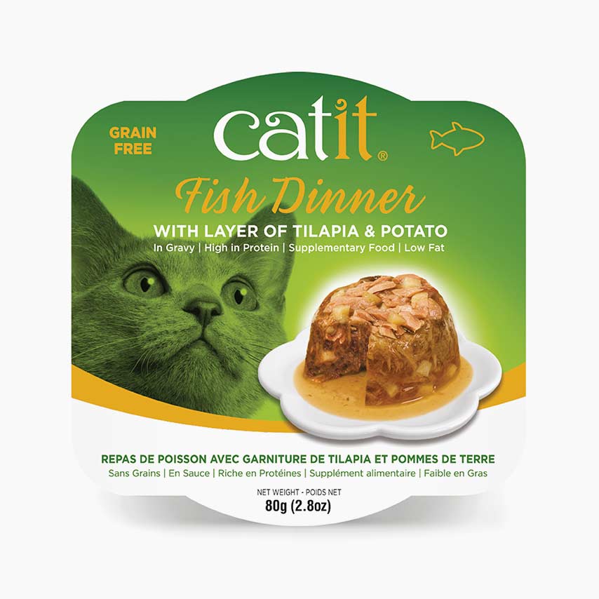 Catit Fish Dinner with Tilapia and Potato grain-free wet cat food packaging