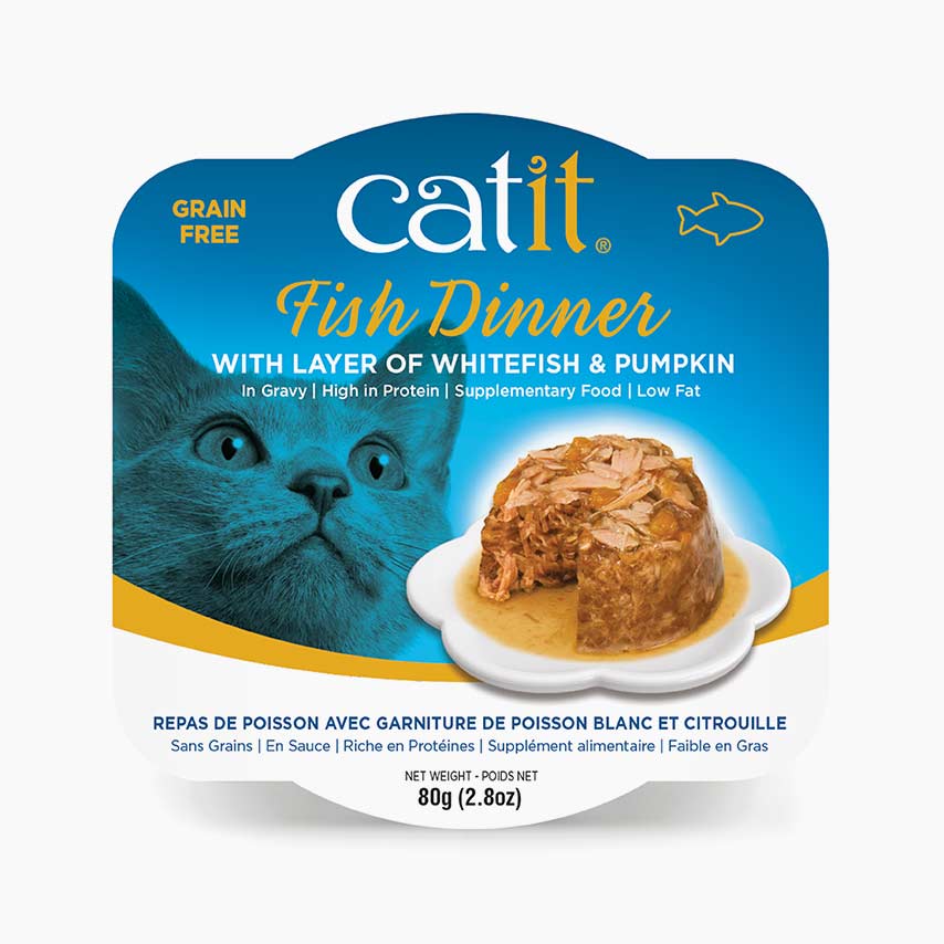 Catit Fish Dinner with whitefish and pumpkin cat food packaging, 80g