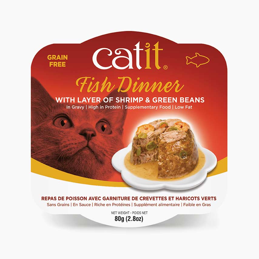 Catit Fish Dinner cat food packaging with shrimp and green beans in gravy