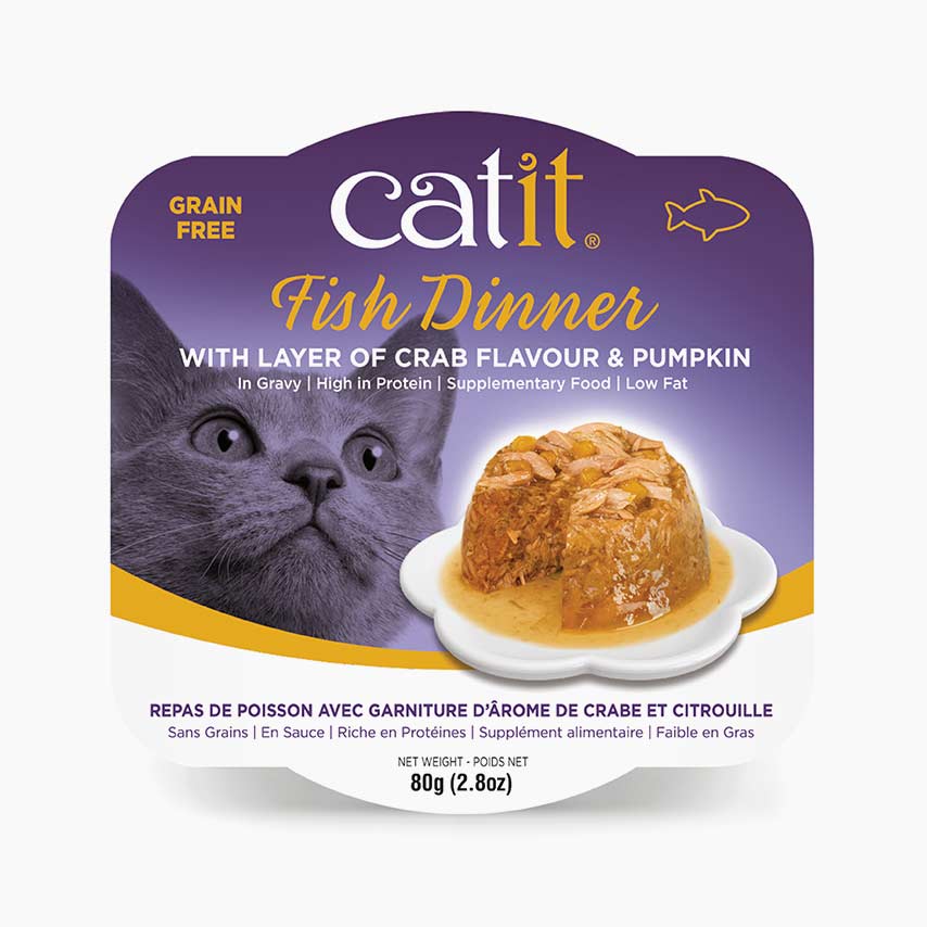 Catit Fish Dinner cat food packaging with crab flavour and pumpkin in gravy